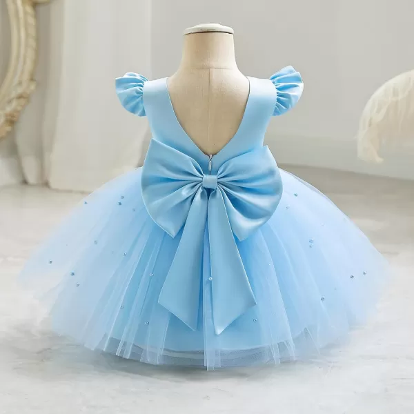 IDOPIP Flower Girl Bowknot Tutu Dress for Kids Baby Princess Wedding Bridesmaid Birthday Party Pageant Baptism Dresses 6M10TBlue  Vback