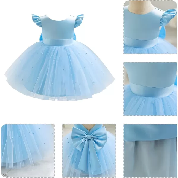 IDOPIP Flower Girl Bowknot Tutu Dress for Kids Baby Princess Wedding Bridesmaid Birthday Party Pageant Baptism Dresses 6M10TBlue  Vback