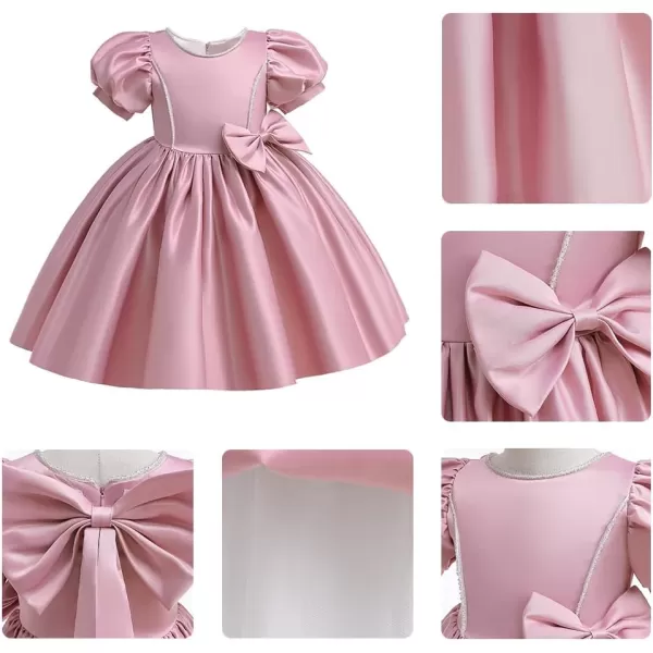 IDOPIP Flower Girl Bowknot Tutu Dress for Kids Baby Princess Wedding Bridesmaid Birthday Party Pageant Baptism Dresses 6M10TDusty Pink  Puff Sleeve