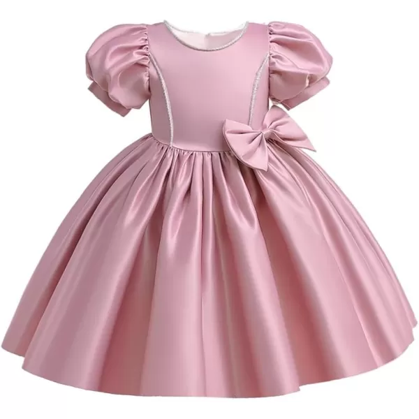 IDOPIP Flower Girl Bowknot Tutu Dress for Kids Baby Princess Wedding Bridesmaid Birthday Party Pageant Baptism Dresses 6M10TDusty Pink  Puff Sleeve