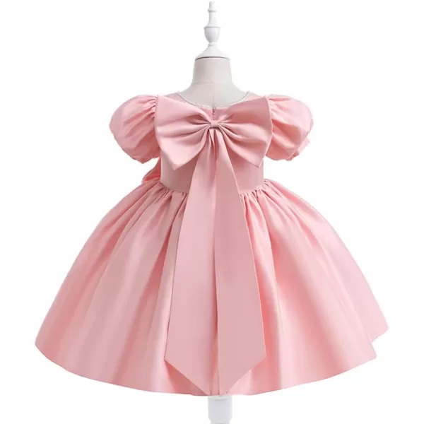 IDOPIP Flower Girl Bowknot Tutu Dress for Kids Baby Princess Wedding Bridesmaid Birthday Party Pageant Baptism Dresses 6M10TPink  Puff Sleeve