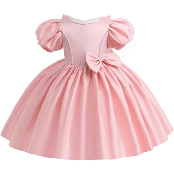 IDOPIP Flower Girl Bowknot Tutu Dress for Kids Baby Princess Wedding Bridesmaid Birthday Party Pageant Baptism Dresses 6M10TPink  Puff Sleeve