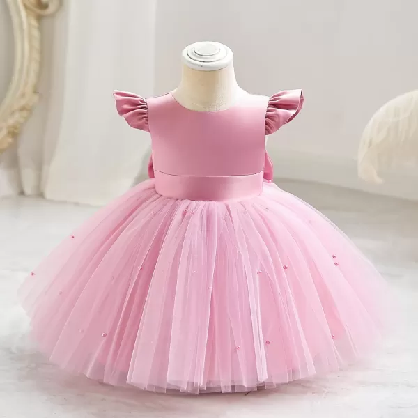 IDOPIP Flower Girl Bowknot Tutu Dress for Kids Baby Princess Wedding Bridesmaid Birthday Party Pageant Baptism Dresses 6M10TPink  Vback