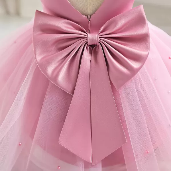 IDOPIP Flower Girl Bowknot Tutu Dress for Kids Baby Princess Wedding Bridesmaid Birthday Party Pageant Baptism Dresses 6M10TPink  Vback