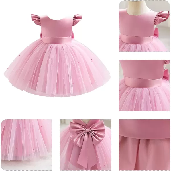 IDOPIP Flower Girl Bowknot Tutu Dress for Kids Baby Princess Wedding Bridesmaid Birthday Party Pageant Baptism Dresses 6M10TPink  Vback