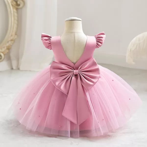 IDOPIP Flower Girl Bowknot Tutu Dress for Kids Baby Princess Wedding Bridesmaid Birthday Party Pageant Baptism Dresses 6M10TPink  Vback