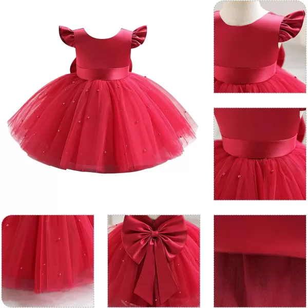 IDOPIP Flower Girl Bowknot Tutu Dress for Kids Baby Princess Wedding Bridesmaid Birthday Party Pageant Baptism Dresses 6M10TRed  Vback