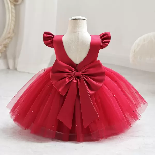 IDOPIP Flower Girl Bowknot Tutu Dress for Kids Baby Princess Wedding Bridesmaid Birthday Party Pageant Baptism Dresses 6M10TRed  Vback