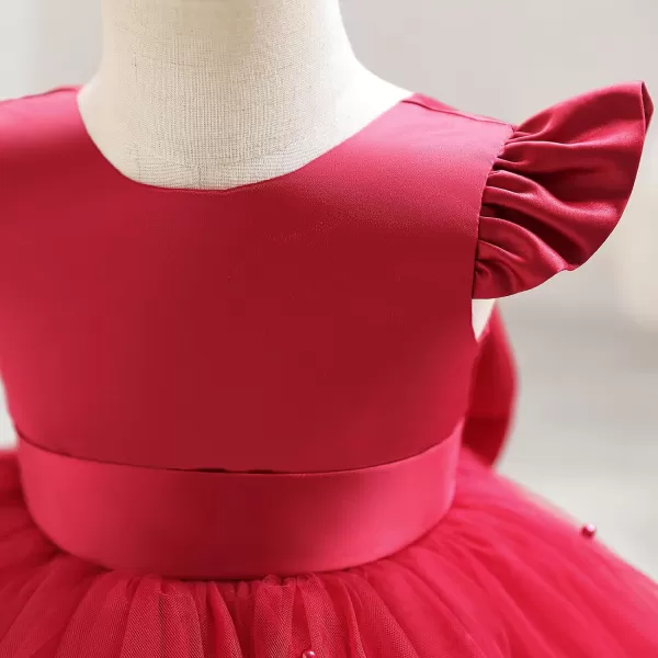 IDOPIP Flower Girl Bowknot Tutu Dress for Kids Baby Princess Wedding Bridesmaid Birthday Party Pageant Baptism Dresses 6M10TRed  Vback