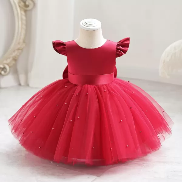 IDOPIP Flower Girl Bowknot Tutu Dress for Kids Baby Princess Wedding Bridesmaid Birthday Party Pageant Baptism Dresses 6M10TRed  Vback