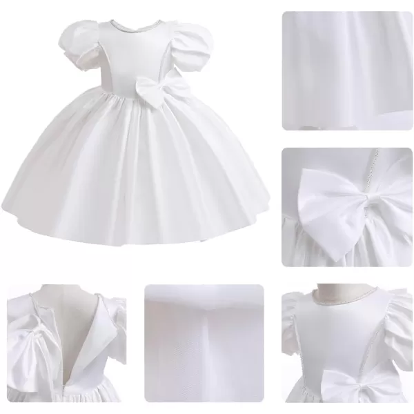 IDOPIP Flower Girl Bowknot Tutu Dress for Kids Baby Princess Wedding Bridesmaid Birthday Party Pageant Baptism Dresses 6M10TWhite  Puff Sleeve