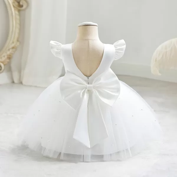 IDOPIP Flower Girl Bowknot Tutu Dress for Kids Baby Princess Wedding Bridesmaid Birthday Party Pageant Baptism Dresses 6M10TWhite  Vback Bow