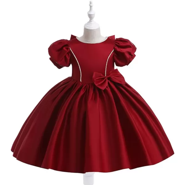 IDOPIP Flower Girl Bowknot Tutu Dress for Kids Baby Princess Wedding Bridesmaid Birthday Party Pageant Baptism Dresses 6M10TWine Red  Puff Sleeve