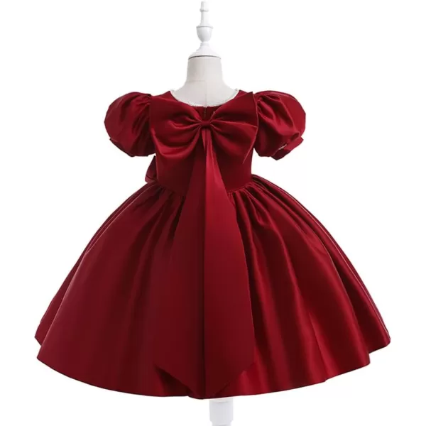 IDOPIP Flower Girl Bowknot Tutu Dress for Kids Baby Princess Wedding Bridesmaid Birthday Party Pageant Baptism Dresses 6M10TWine Red  Puff Sleeve