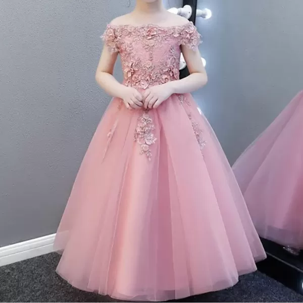 IDOPIP Flower Girl Lace Beaded Off Shoulder Princess Pageant Tulle Gown Formal Bridesmaid Wedding Party Dresses for Kids BabyDusty Pink  Off Shoulder