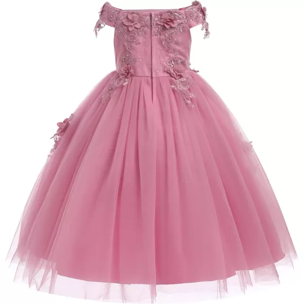 IDOPIP Flower Girl Lace Beaded Off Shoulder Princess Pageant Tulle Gown Formal Bridesmaid Wedding Party Dresses for Kids BabyDusty Pink  Off Shoulder