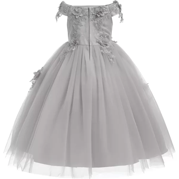 IDOPIP Flower Girl Lace Beaded Off Shoulder Princess Pageant Tulle Gown Formal Bridesmaid Wedding Party Dresses for Kids BabyGray