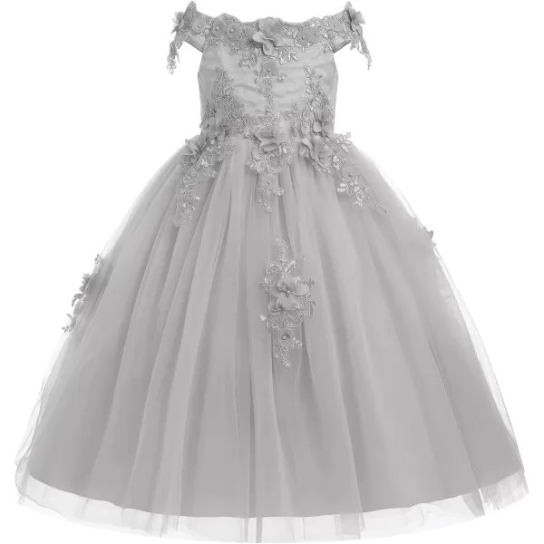 IDOPIP Flower Girl Lace Beaded Off Shoulder Princess Pageant Tulle Gown Formal Bridesmaid Wedding Party Dresses for Kids BabyGray