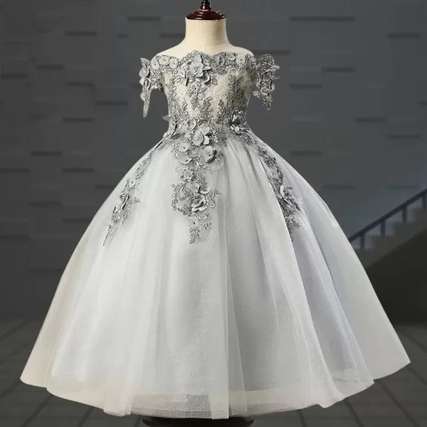 IDOPIP Flower Girl Lace Beaded Off Shoulder Princess Pageant Tulle Gown Formal Bridesmaid Wedding Party Dresses for Kids BabyGray