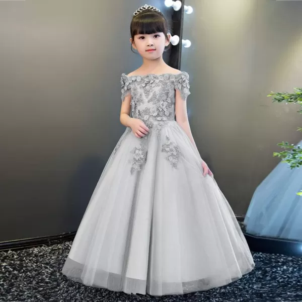 IDOPIP Flower Girl Lace Beaded Off Shoulder Princess Pageant Tulle Gown Formal Bridesmaid Wedding Party Dresses for Kids BabyGray