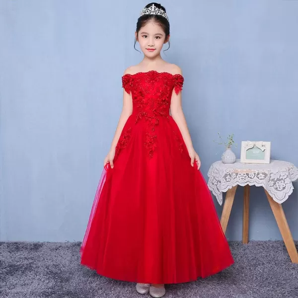 IDOPIP Flower Girl Lace Beaded Off Shoulder Princess Pageant Tulle Gown Formal Bridesmaid Wedding Party Dresses for Kids BabyRed