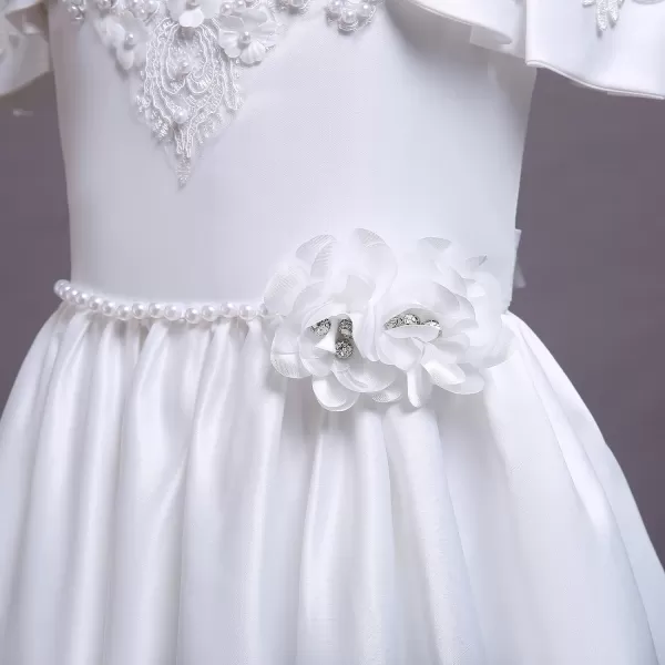 IDOPIP Flower Girl Lace Beaded Off Shoulder Princess Pageant Tulle Gown Formal Bridesmaid Wedding Party Dresses for Kids BabyWhite