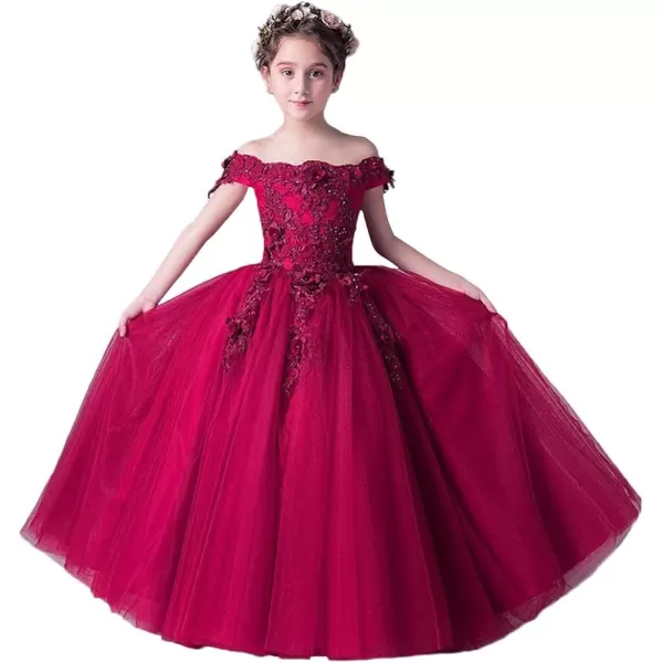 IDOPIP Flower Girl Lace Beaded Off Shoulder Princess Pageant Tulle Gown Formal Bridesmaid Wedding Party Dresses for Kids BabyWine Red