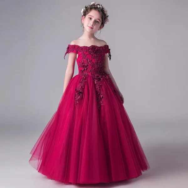 IDOPIP Flower Girl Lace Beaded Off Shoulder Princess Pageant Tulle Gown Formal Bridesmaid Wedding Party Dresses for Kids BabyWine Red