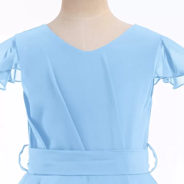 IDOPIP Flower Girl Ruffle Chiffon Dress for Kid Wedding Junior Bridesmaid Communion Party Pageant Long Maxi Dresses with BeltBlue