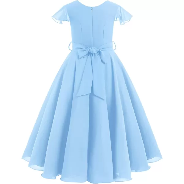 IDOPIP Flower Girl Ruffle Chiffon Dress for Kid Wedding Junior Bridesmaid Communion Party Pageant Long Maxi Dresses with BeltBlue