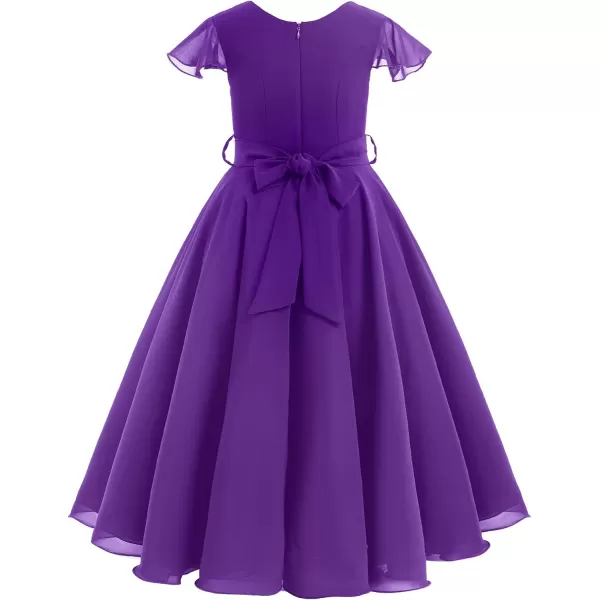 IDOPIP Flower Girl Ruffle Chiffon Dress for Kid Wedding Junior Bridesmaid Communion Party Pageant Long Maxi Dresses with BeltDark Purple