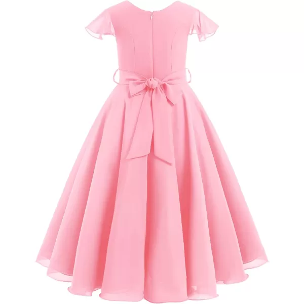 IDOPIP Flower Girl Ruffle Chiffon Dress for Kid Wedding Junior Bridesmaid Communion Party Pageant Long Maxi Dresses with BeltPink