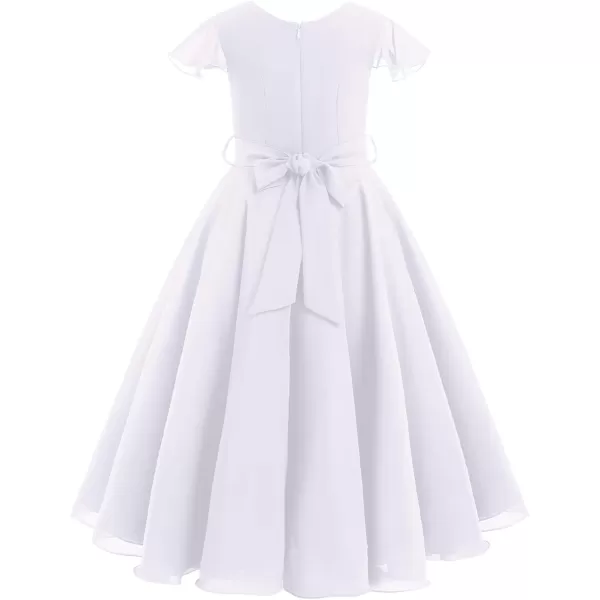 IDOPIP Flower Girl Ruffle Chiffon Dress for Kid Wedding Junior Bridesmaid Communion Party Pageant Long Maxi Dresses with BeltWhite