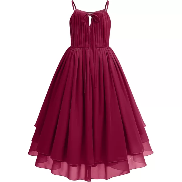 IDOPIP Flower Girl Ruffle Chiffon Dress for Kid Wedding Junior Bridesmaid Communion Party Pageant Long Maxi Dresses with BeltWine Red  Sleeveless