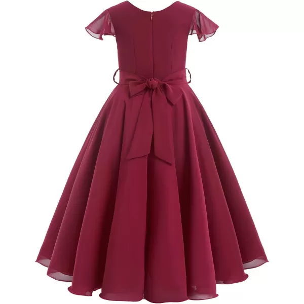 IDOPIP Flower Girl Ruffle Chiffon Dress for Kid Wedding Junior Bridesmaid Communion Party Pageant Long Maxi Dresses with BeltWine Red