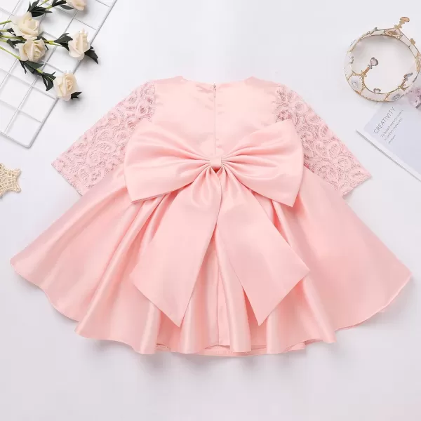 IDOPIP Flower Girl Satin Bowknot Lace Tutu Dress for Kids Baby Princess First Communion Wedding Birthday Party Pageant GownsPink  Lace Sleeves