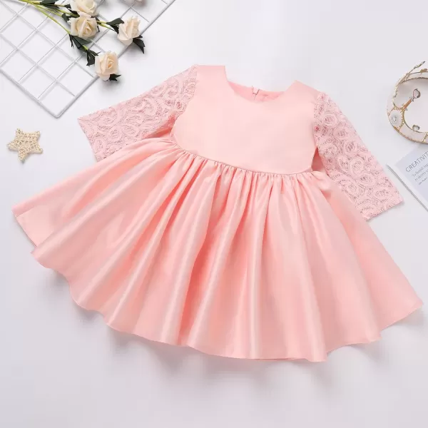 IDOPIP Flower Girl Satin Bowknot Lace Tutu Dress for Kids Baby Princess First Communion Wedding Birthday Party Pageant GownsPink  Lace Sleeves