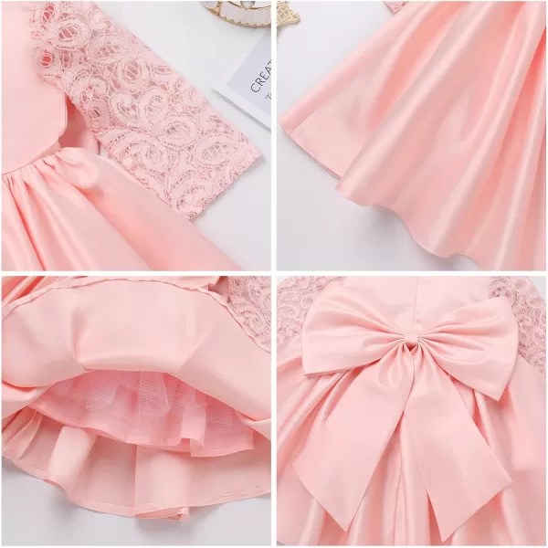 IDOPIP Flower Girl Satin Bowknot Lace Tutu Dress for Kids Baby Princess First Communion Wedding Birthday Party Pageant GownsPink  Lace Sleeves