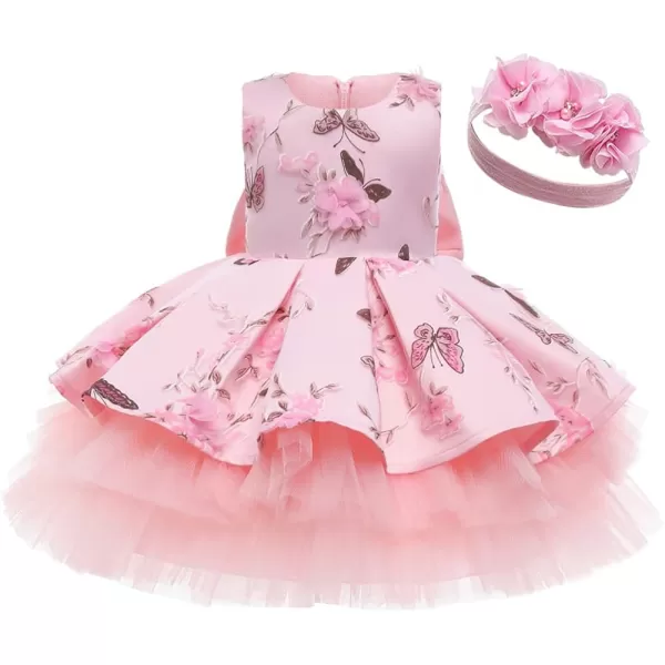 IDOPIP Flower Girl Sequins Bowknot VBack Tutu Dress for Kids Baby Princess Pageant Wedding Birthday Party Gown with HeadbandPink  Butterfly Flower