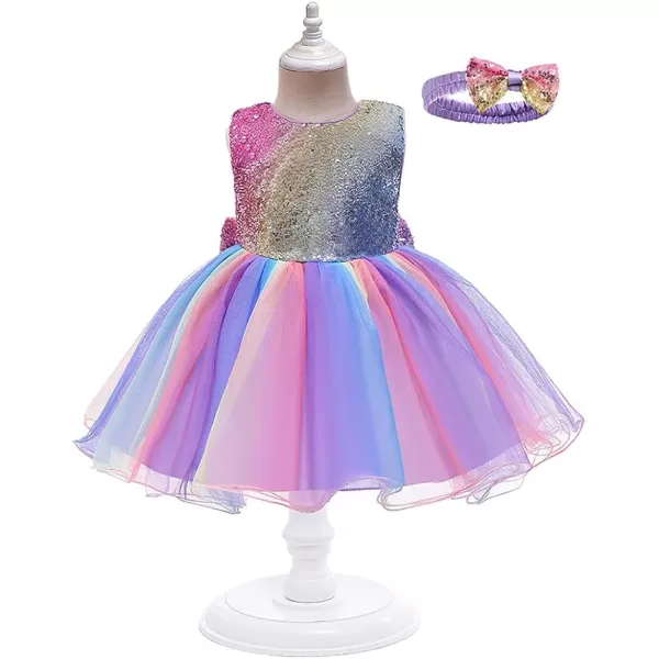 IDOPIP Flower Girl Sequins Bowknot VBack Tutu Dress for Kids Baby Princess Pageant Wedding Birthday Party Gown with HeadbandPurple  Rainbow