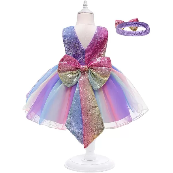 IDOPIP Flower Girl Sequins Bowknot VBack Tutu Dress for Kids Baby Princess Pageant Wedding Birthday Party Gown with HeadbandPurple  Rainbow