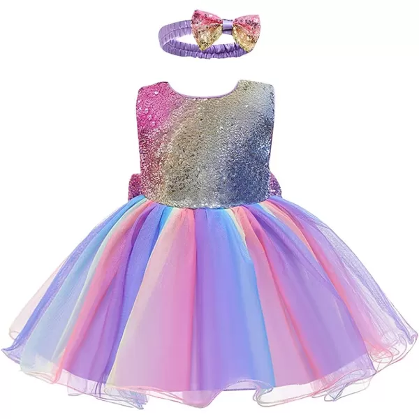 IDOPIP Flower Girl Sequins Bowknot VBack Tutu Dress for Kids Baby Princess Pageant Wedding Birthday Party Gown with HeadbandPurple  Rainbow