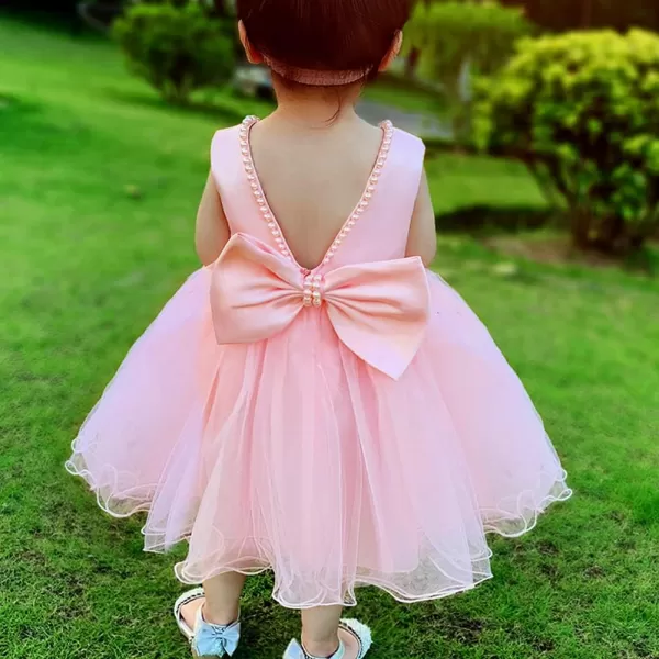 IDOPIP Flower Girls Beaded Bowknot VBack Tutu Dress for Kids Baby Communion Birthday Party Formal Wedding Dresses  HeadwearPink