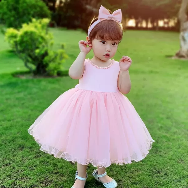 IDOPIP Flower Girls Beaded Bowknot VBack Tutu Dress for Kids Baby Communion Birthday Party Formal Wedding Dresses  HeadwearPink