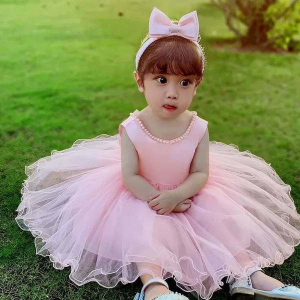 IDOPIP Flower Girls Beaded Bowknot VBack Tutu Dress for Kids Baby Communion Birthday Party Formal Wedding Dresses  HeadwearPink