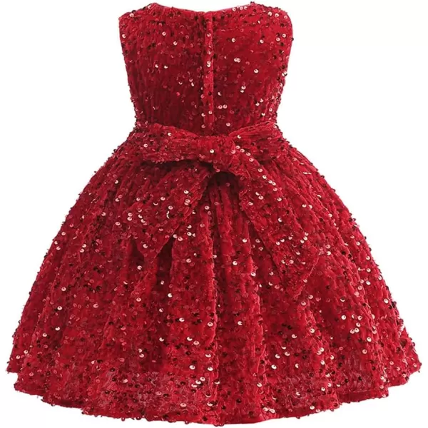 IDOPIP Flower Girls Sequin Velvet Tutu Dress for Toddler Baby Christmas Birthday Wedding Party Pageant Bowknot Prom Gown 18TRed