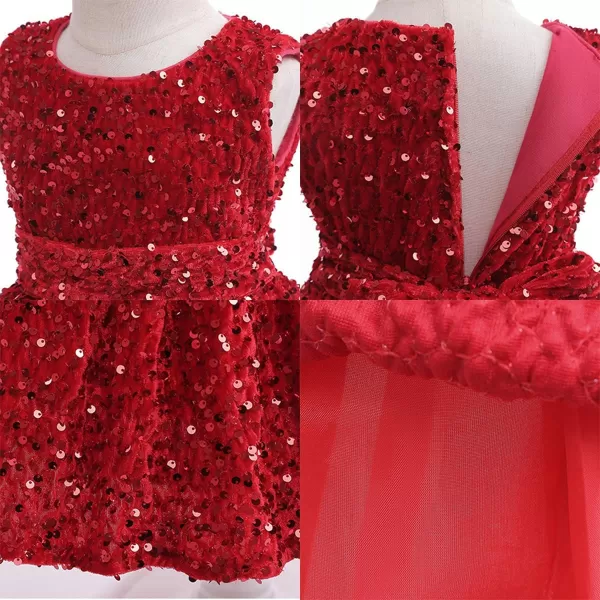 IDOPIP Flower Girls Sequin Velvet Tutu Dress for Toddler Baby Christmas Birthday Wedding Party Pageant Bowknot Prom Gown 18TRed