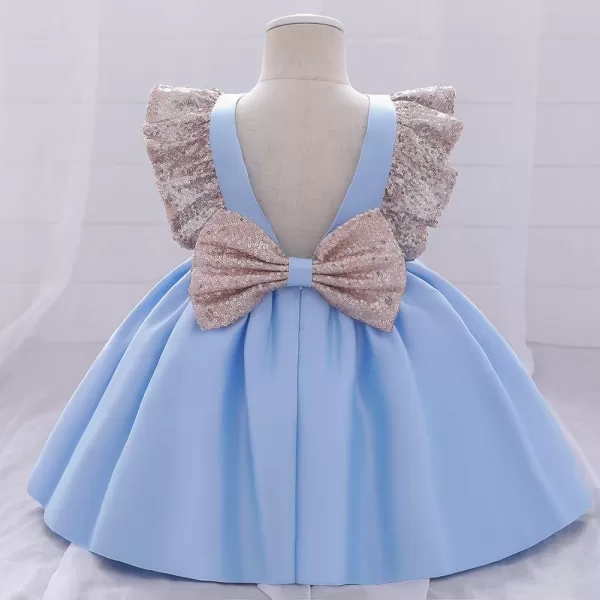 IDOPIP Flower Girls Sequins Bowknot Tutu Dress for Kids Baby Wedding Christening Birthday Party Ruffle Backless Dresses GownBlue