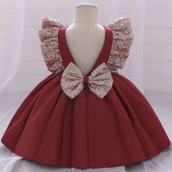 IDOPIP Flower Girls Sequins Bowknot Tutu Dress for Kids Baby Wedding Christening Birthday Party Ruffle Backless Dresses GownWine Red