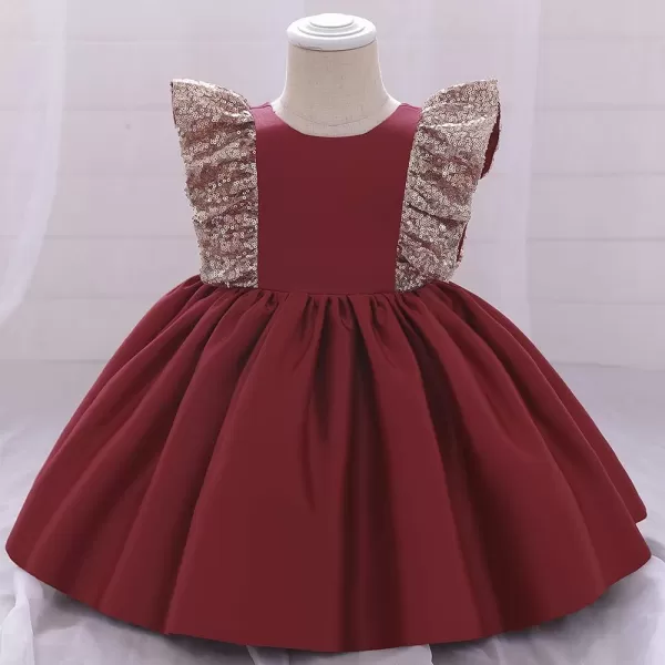 IDOPIP Flower Girls Sequins Bowknot Tutu Dress for Kids Baby Wedding Christening Birthday Party Ruffle Backless Dresses GownWine Red